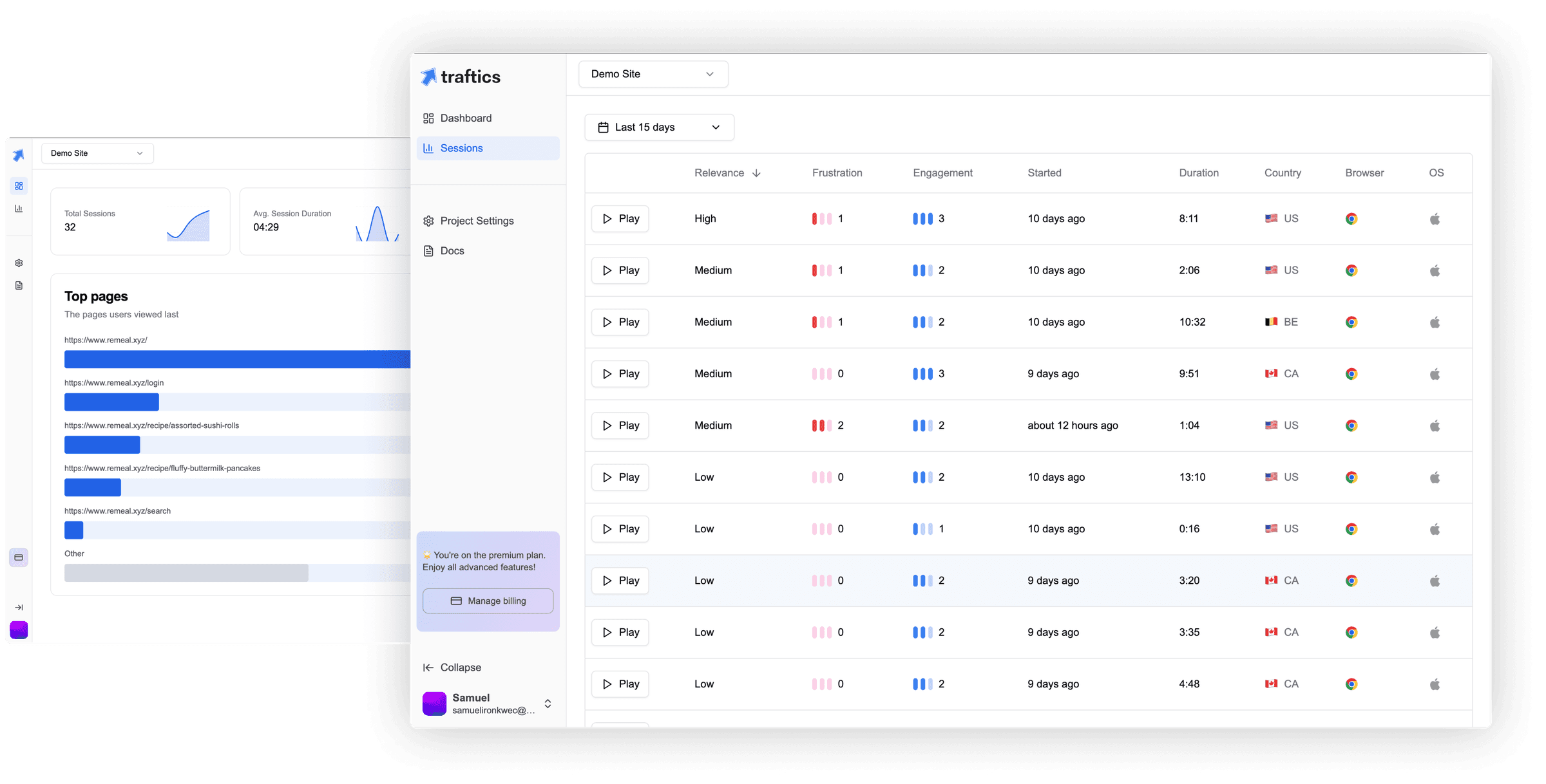 Traftics dashboard showing session recordings and analytics